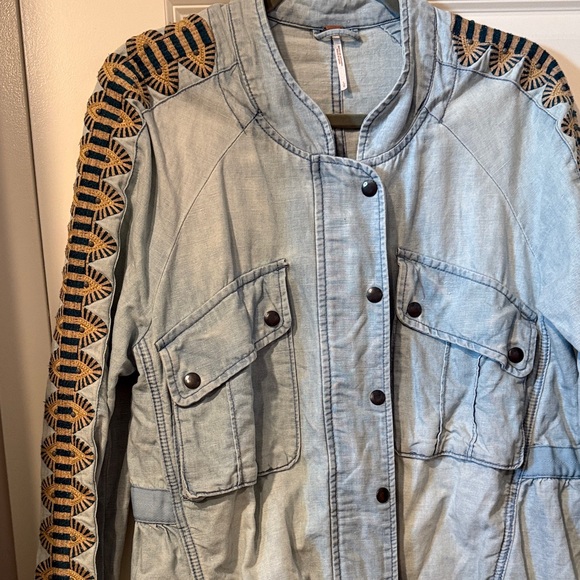 Free People Light Blue Denim Jacket with Black and Brown Embroidery - Picture 5 of 8